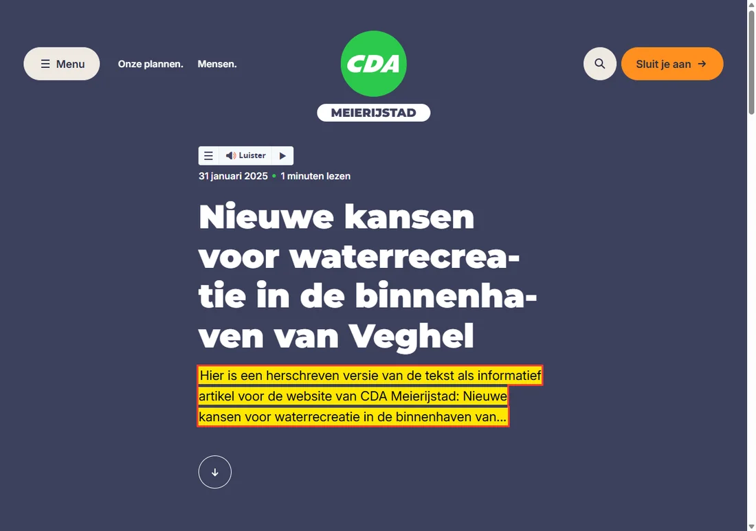 Een nieuwsartikel op de website van een lokale afdeling van een politieke partij.