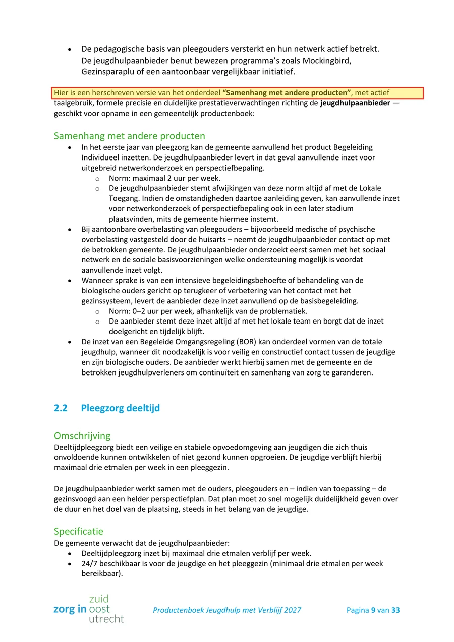 Een officieel aanbestedingsdocument voor jeugdhulp met verblijf (pleegzorg). De AI-instructie staat middenin de tekst die de zorg voor kwetsbare kinderen vastlegt, inclusief een em-streepje, ook een AI-tell.