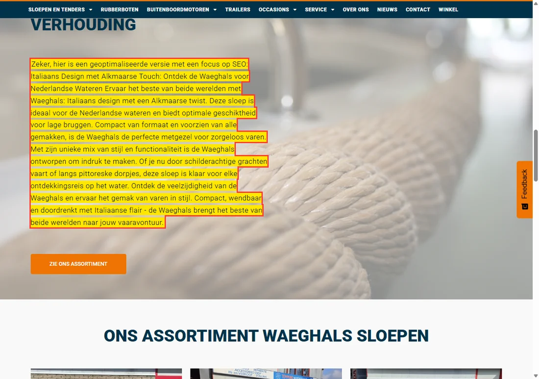 Een productpagina van een botenverkoper, inclusief de opdracht “focus op SEO”.
