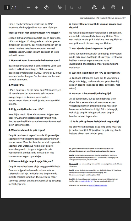 Een voorlichtingsbrochure over de HPV-prik. De opdracht “begrijpelijk voor een 10-jarige” staat er nog bovenaan, boven de echte medische tekst.