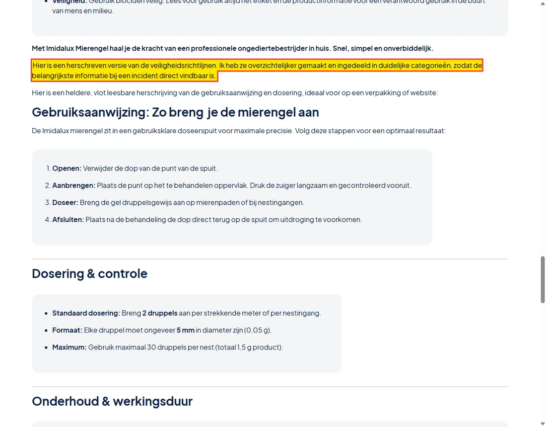 De veiligheids- en doseerinstructies van een bestrijdingsmiddel. De AI schreef ze “overzichtelijker zodat de belangrijkste informatie bij een incident direct vindbaar is”, en dat stond er zo bij.